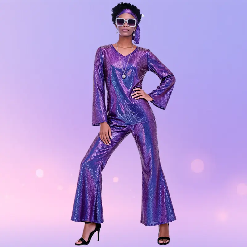 70s Retro Disco Flared Pants & Headband Set, Gold Foil Sequin Flare Sleeve Party Wear Disco Suit with Soft Fabric, Halloween Festive Accessory, Full Sleeve, Sequin Shine