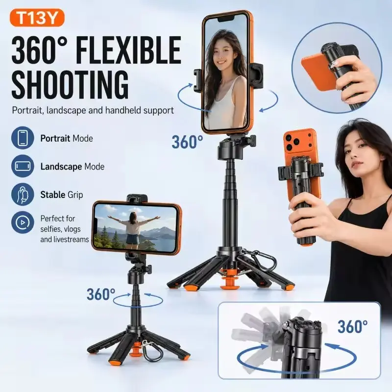 T13y Mini Selfie Stick, 360° Rotatable, Bluetooth-compatible Remote Control, Phone Holder, Remote Zoom, Ideal for Selfies, Live Streaming, Video Recording