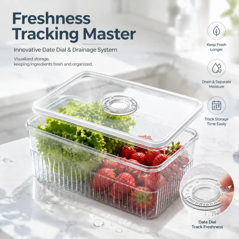 Freshness Tracking Food Storage Container with Date Dial & Drainage Tray | BPA-Free Produce Keeper for Fridge, Keeps Fruits & Veggies Fresh Longer