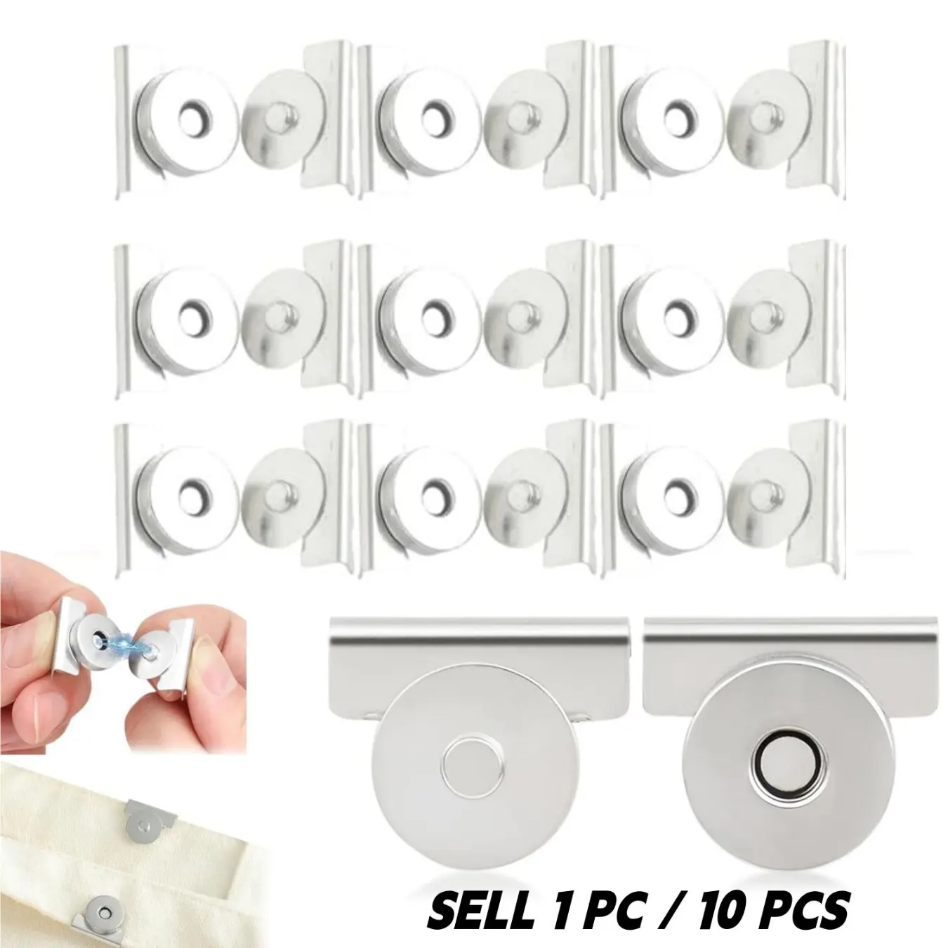 1 or 10PCS Snap Buttons Metal Seamless Magnetic Buckle Clasp for Clothing,Tote Bags and DIY Crafts,No Sewing Required Bag Clip (Silver)