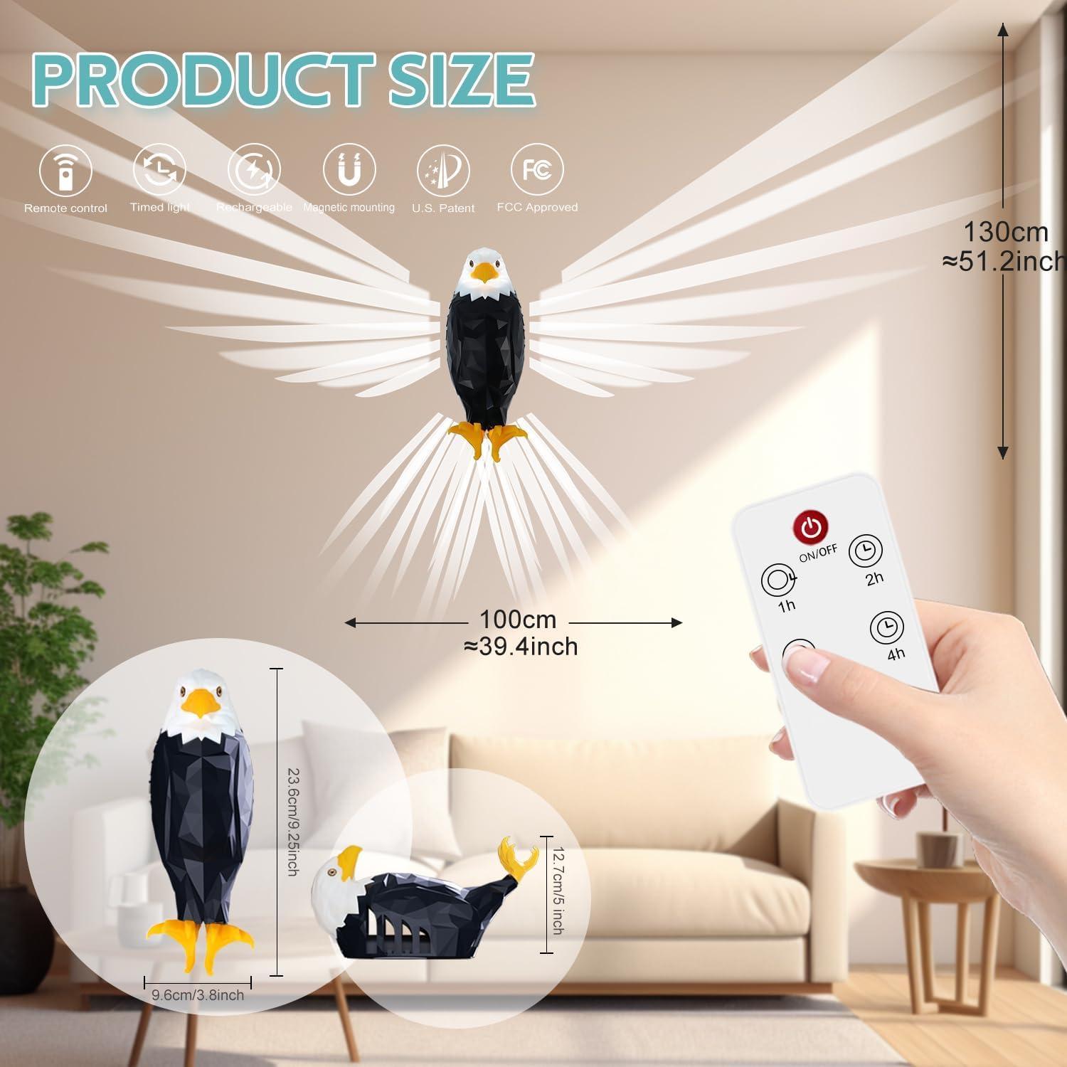 Eagle Design Wall Light, 1 Count USB Rechargeable Wall Mounted Night Light with Remote Controls & Timer, Magnetic Wall Mounted Eagle Lamp for Indoors