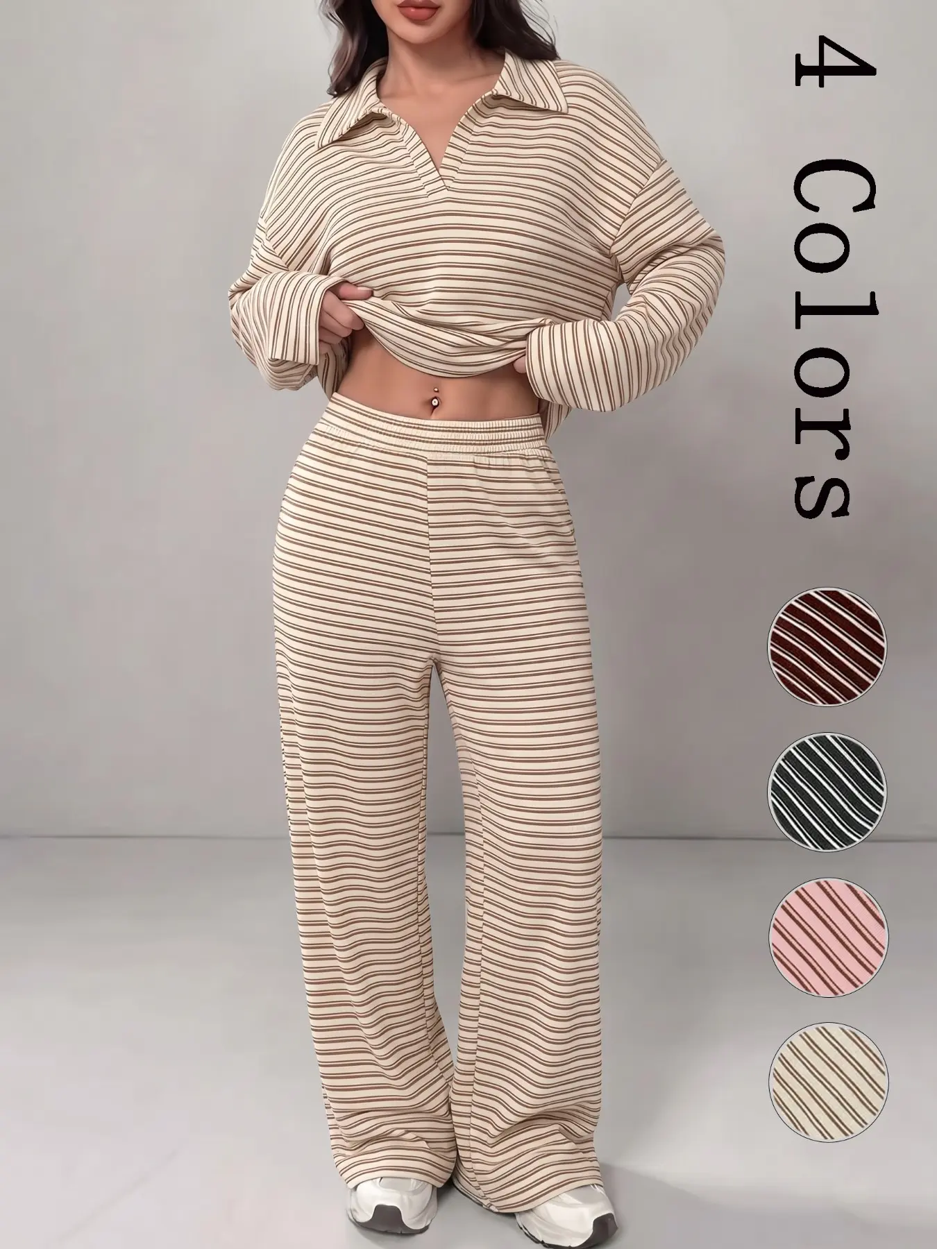 Women's Striped Polo Neck Fall Sleepwear Set, Loose-Fit Long Sleeve Top and High-Waisted Wide Leg Pants, Soft Comfortable