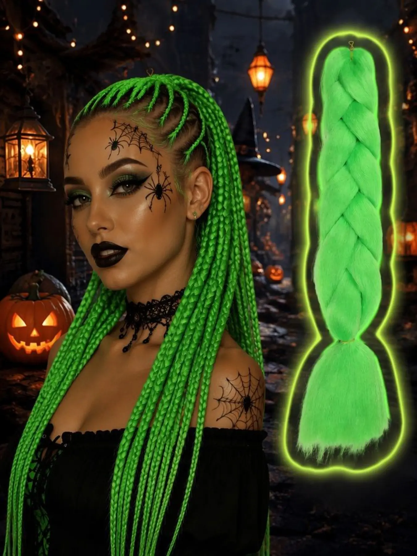 Luminous Hair Strands 24-inch Green Hair Strands Pre-stretched Colorful Hair Extensions Braided Hair with Glowing Large Coils Special for Children Girls and Women Suitable for Halloween and Music Festivals as an Exclusive Hairstyle