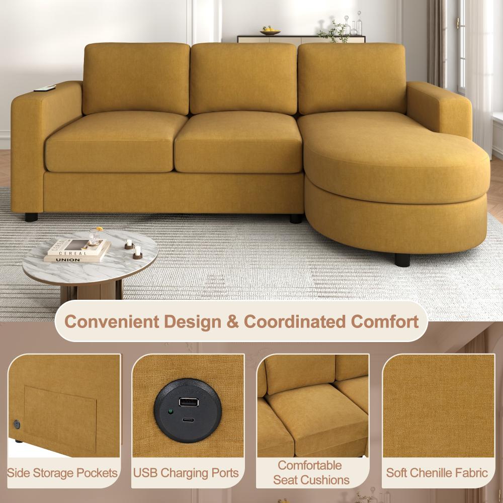 84.6" L-shaped Modern Sectional furniture Sofa Couch with a Curved Chaise Lounge, USB Ports and Side Storage Pockets for Living Room, Brown