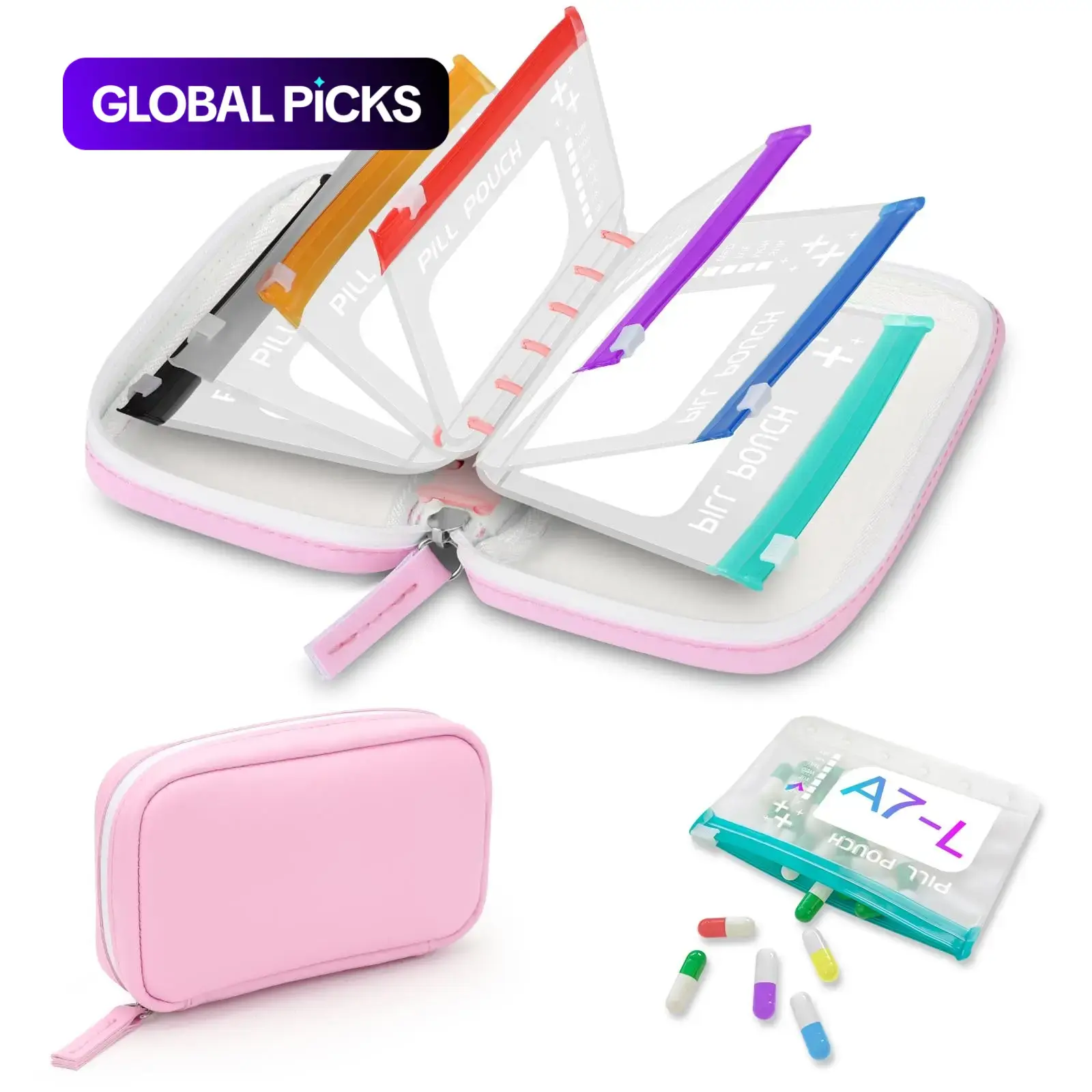 A7 Waterproof Pill Organizer with 7 Large Zippered Pill Pouches for A7 Binder, BPA-Free Weekly Medicine Storage, Color-Coded Reusable Travel Pill System, Supplement Organizer
