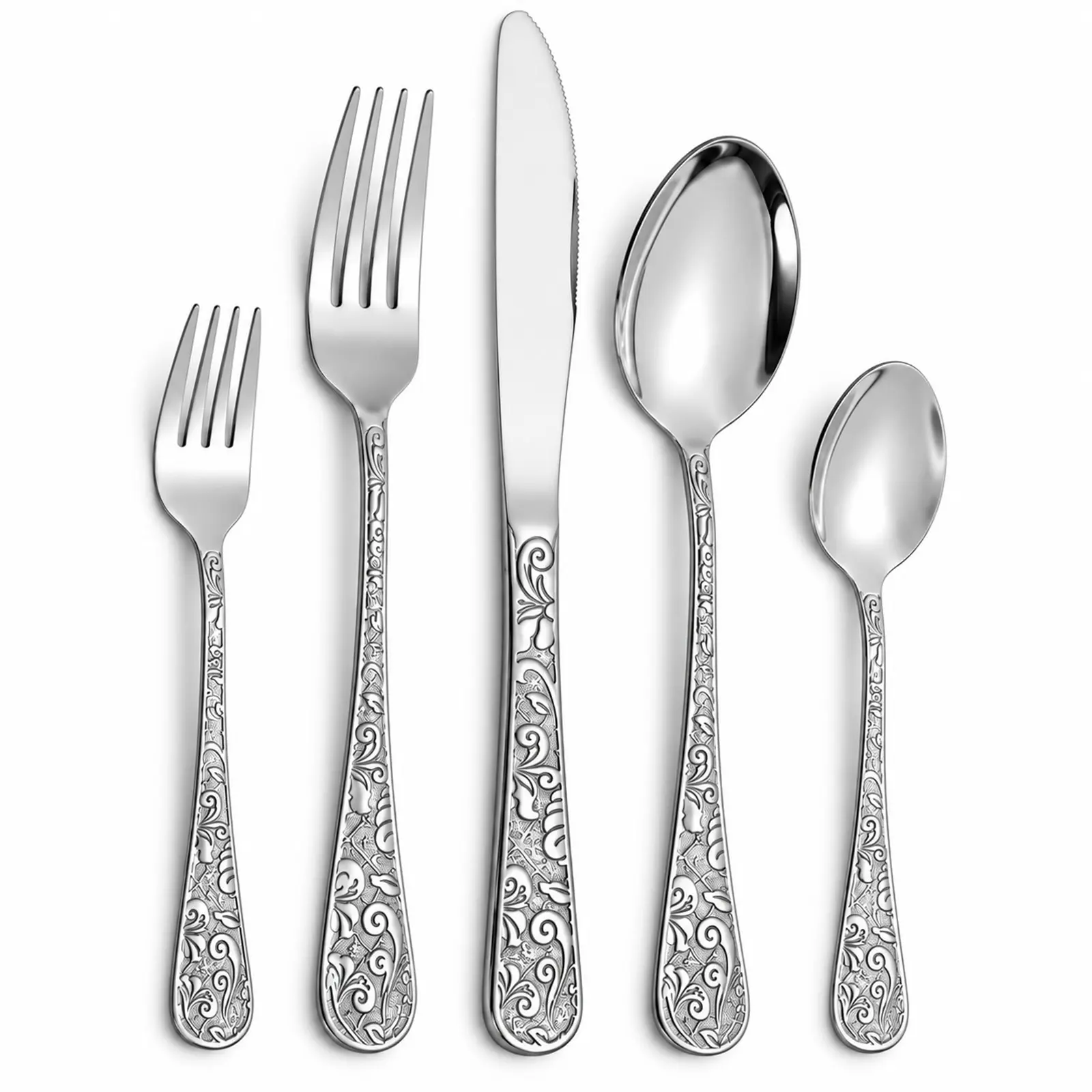 Stainless Steel Flatware Set, 5-20-30 Pieces, Elegant Silverware with Embossed Handles, Mirror Polished Cutlery, Dinner Forks, Knives, Spoons