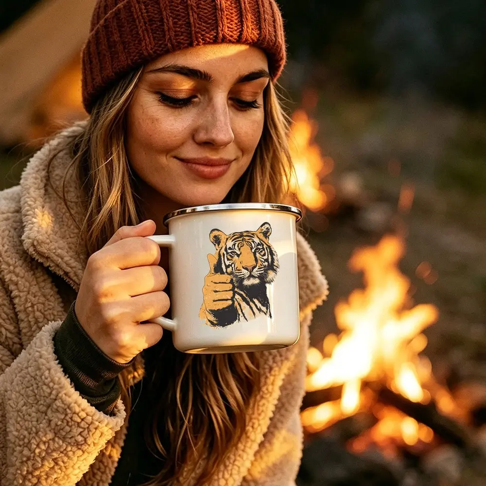 12oz Retro Camping Enamel Mug Portable Outdoor Travel Coffee Cup Durable Camp Drinkware Home Decoration Gift for Van Life RV Camping Lovers Hiking Backpacking Road Trip Backyard Camping Cup