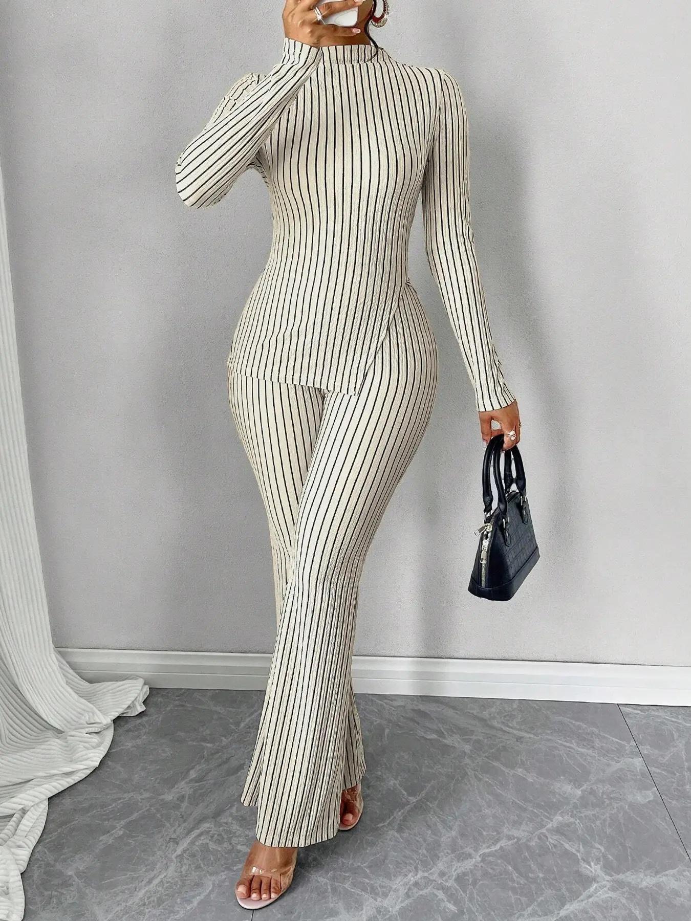 2-Piece Striped High Neck Split Hem Flared Pants Set, Casual for Women, Perfect for Spring and Fall, Comfortable Knit Fabric, Fashion Pants Set