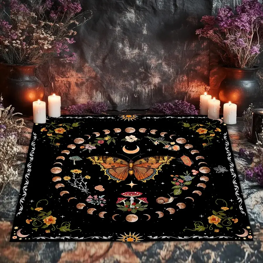1PC Vintage Moon Phase Butterfly Tarot Cloth, SoftDivination Table Mat, Cottagecore Mushroom FloralWitch Altar Cloth, Astrology Celestial Ritual TapestryBandana for Tarot Reading Pendulum Meditation Witchy Room Decor