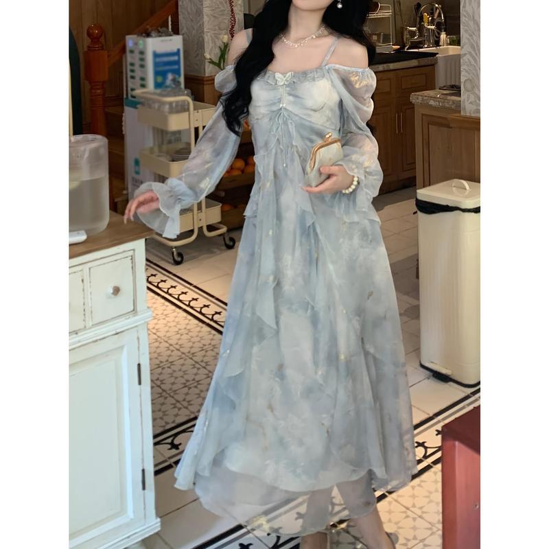 Women's Off-Shoulder Longsleeves Dress - Elegant Lavender Blue Gradient Floral Print, Ruffle Details, Character Outline, Polyester Clothes, Casual Wear, Spring-Summer Wedding Guest Attire