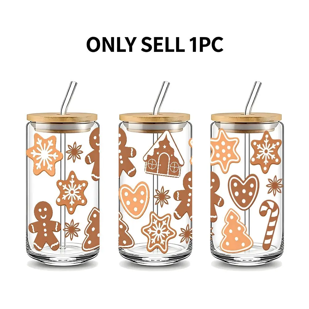 Festive Christmas Gingerbread Print 16oz Glass Can Cup with Bamboo Lid and Straw, Reusable Clear Glass Drinking Tumbler, Premium Glass Jar for Iced Coffee, Hot Cocoa, Juice, Cold Drinks, Cheerful Holiday Aesthetic Glassware,Idea Gift for Coffee Lovers