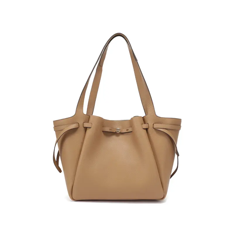 Tory Burch Romy Logo-Button Structured Leather Tote Bag for Women, Tiramisu Color