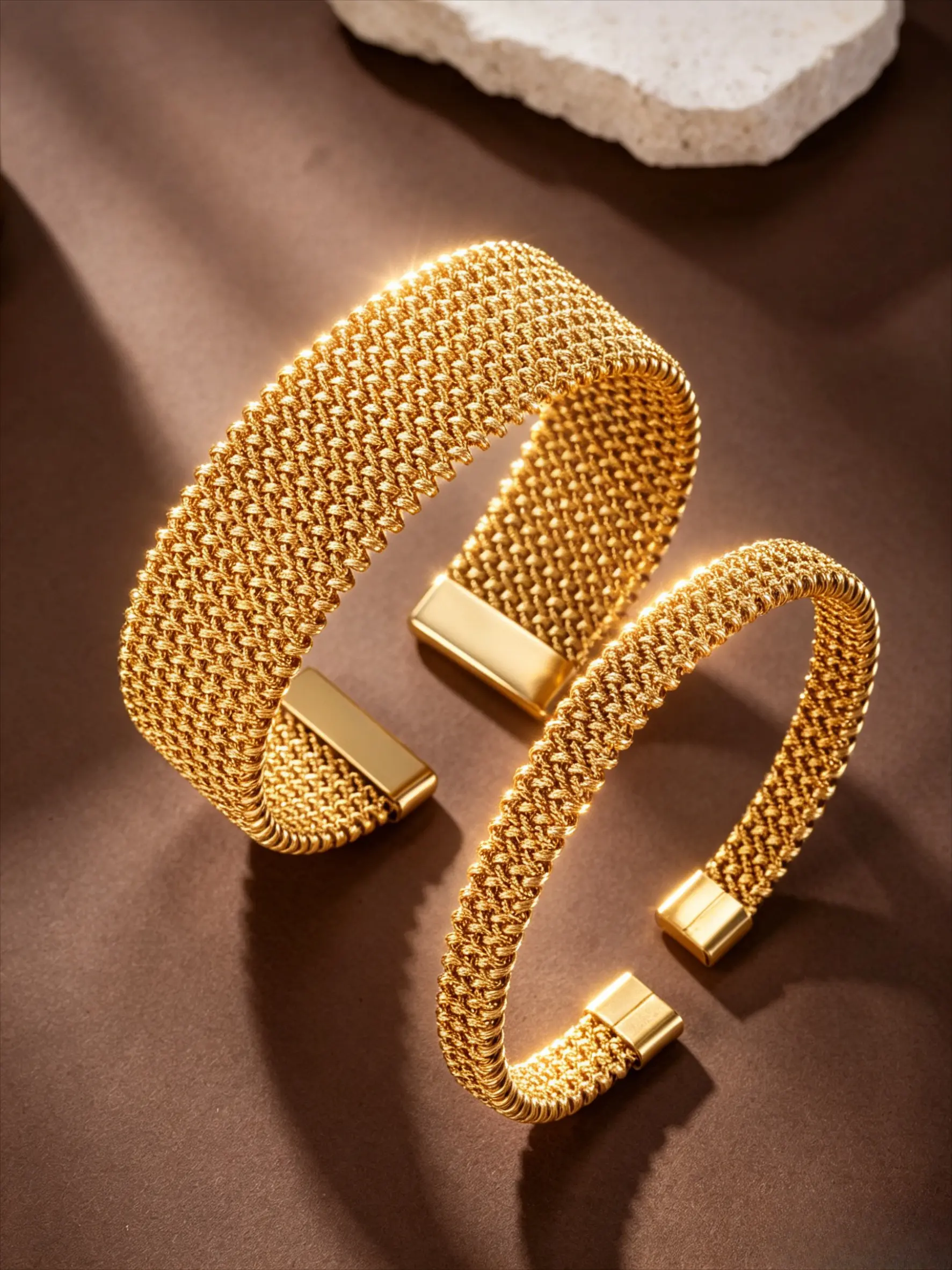Gold Silver Plated Mesh Weave Open Cuff Bangle Wide Thin Two Size Mesh Bracelet Minimalist Textured Wrist Ornament Elegant Daily Office Wedding Birthday Anniversary Holiday Gift For Women