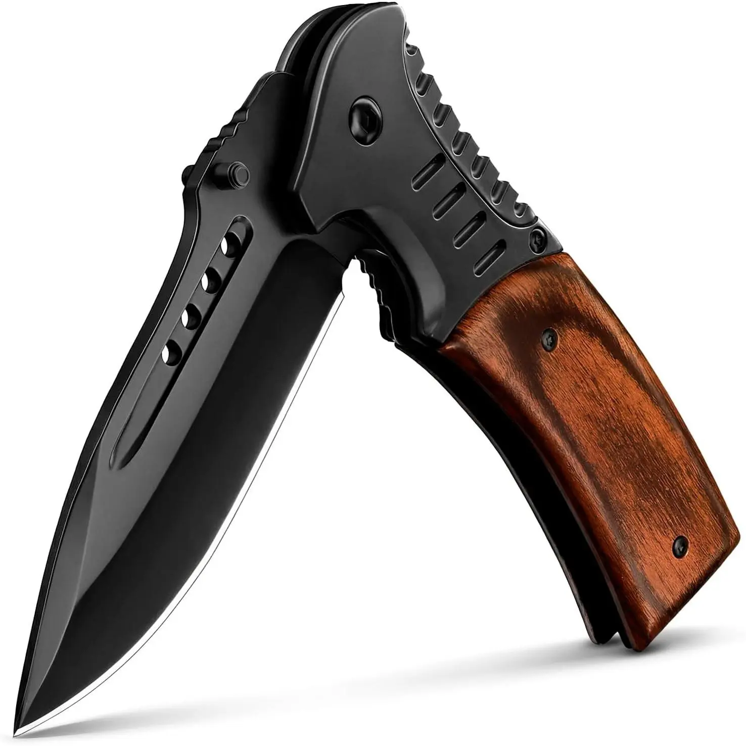 Spring Assisted Pocket Knife with Wood Handle & Glass Breaker & Pocket Clip - 3.66" Sharp Blade - Tactical Folding Knives - for Men Women Hunting Camping Military Survival Hiking Work EDC 0207