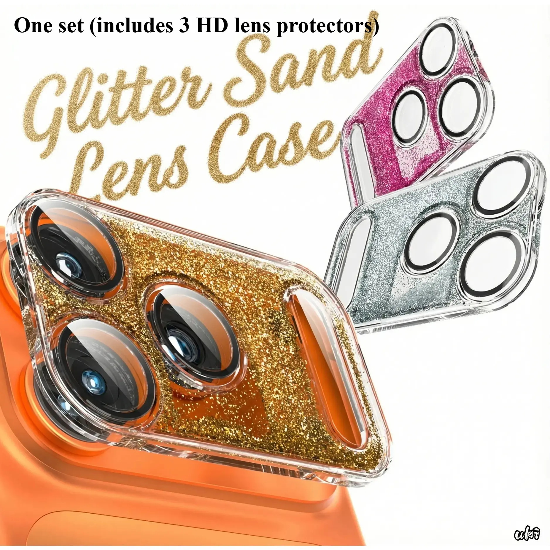 One set (includes 3 HD lens protectors) Deals For You Days Glitter Sand Flow Case Snap-On Camera Lens Cover for iPhone 17 Pro/17 Pro Max Includes 3X HD Lens Protectors Anti-Scratch Cap Easy Click Lock Design Decorative Caps