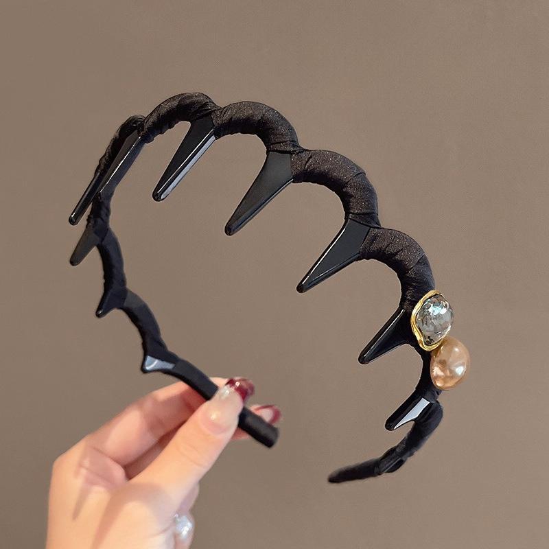 3pcs Pearl and Rhinestone High Crown Wave Headband with Teeth, Non-slip Face Wash Hair Clip, New Style Women's Comb Headband