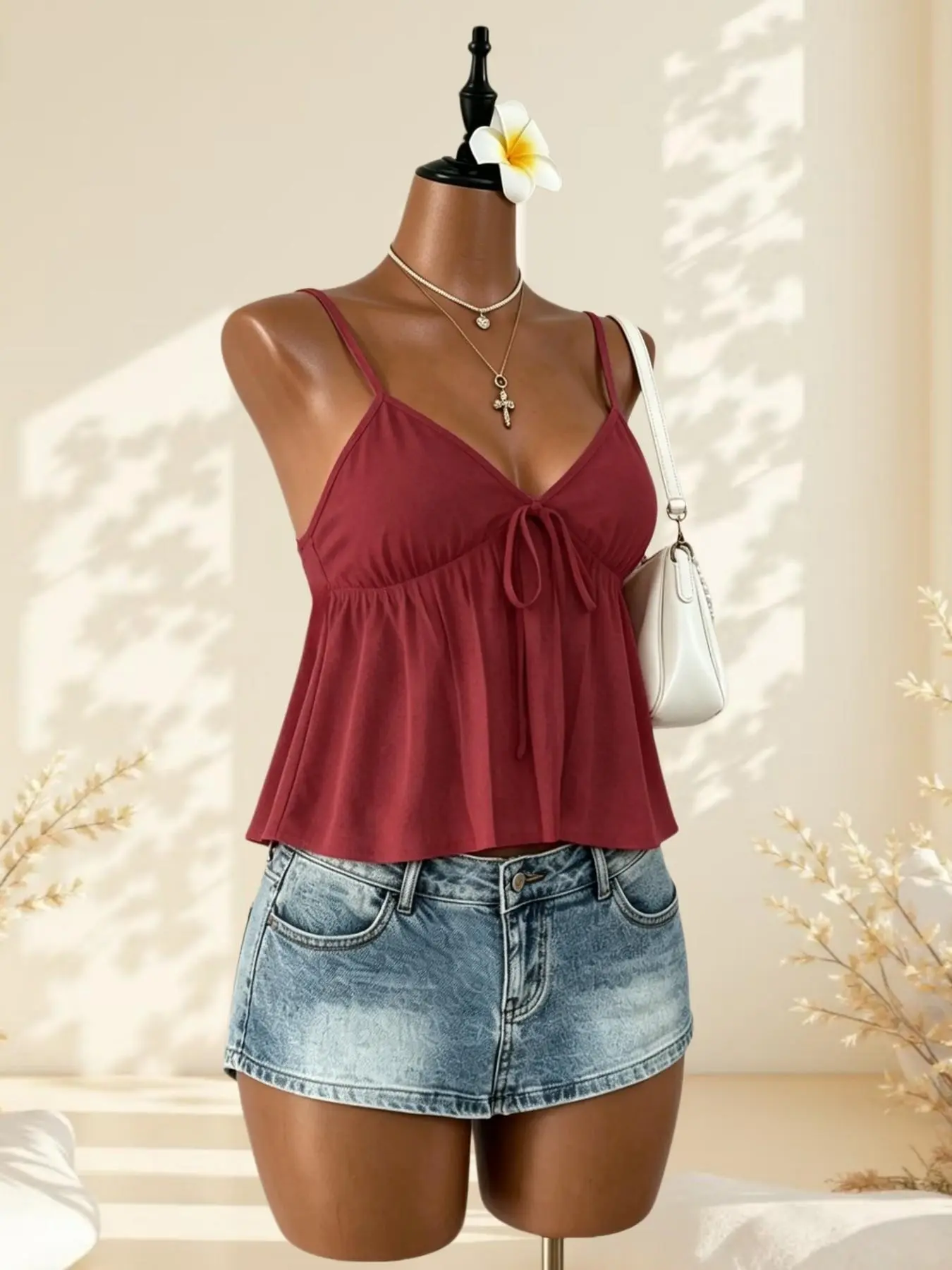 Women's American Vintage Summer Sleeveless Top, 1 Piece Casual Pleated Waist Design Cami Top, Polka Dots & Solid Colors Available, Chic Fashionable Daily Wear Style