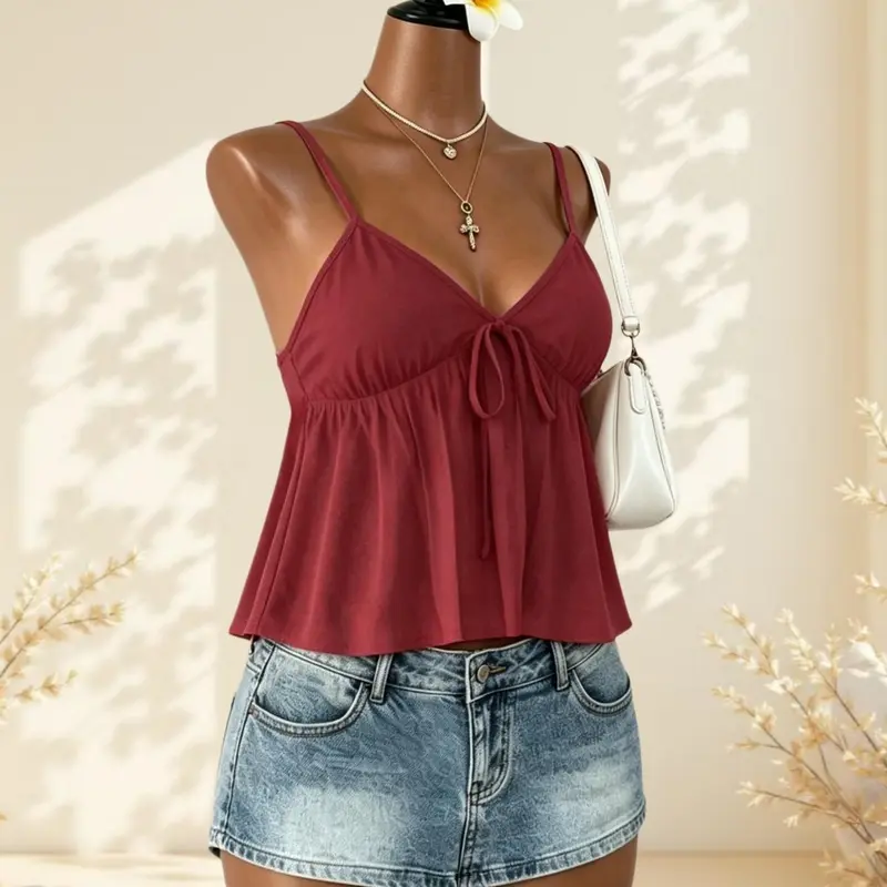 Women's American Vintage Summer Sleeveless Everyday Top, 1 Piece Casual Pleated Waist Design Cami Top, Polka Dots & Solid Colors Available, Chic Fashionable Daily Wear