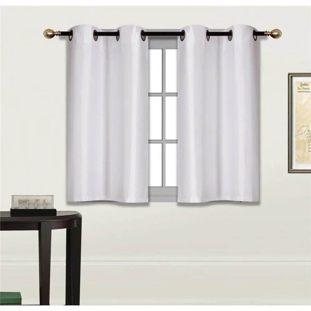 2 Panels Tiers Grommets Small Window  Curtain Faux Silk Insulated Blackout Drape Short Panel 28" W X 36" L Each for Kitchen Bathroom or Any Small Window # D24 (White)