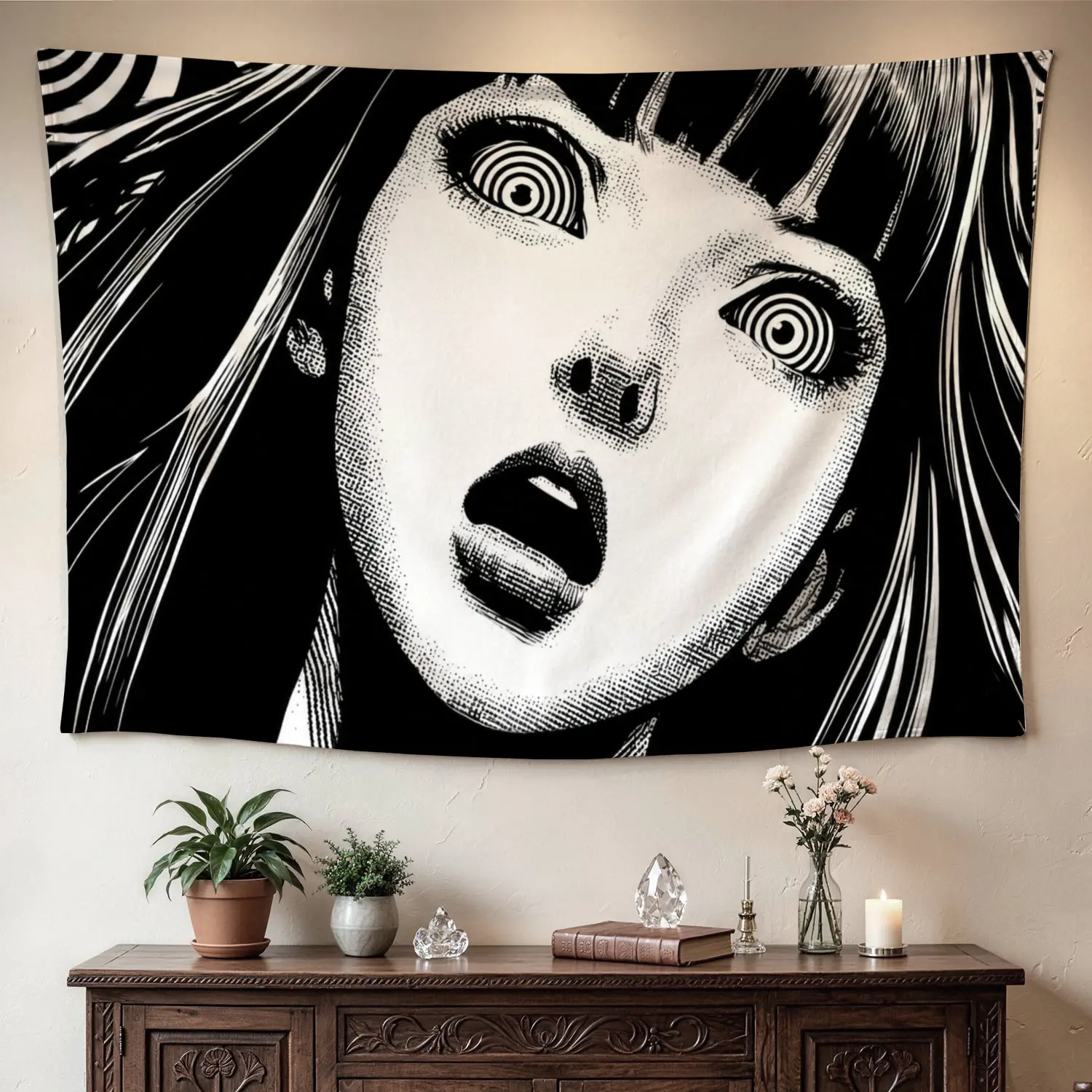 Large Horizontal Black and White Abstract Spiral Polyester Tapestry - High-Def Print Home Decor Artwork, No-Installation Room Decor Wall Hanging, Indoor-Outdoor Blanket, Gift Idea for Family