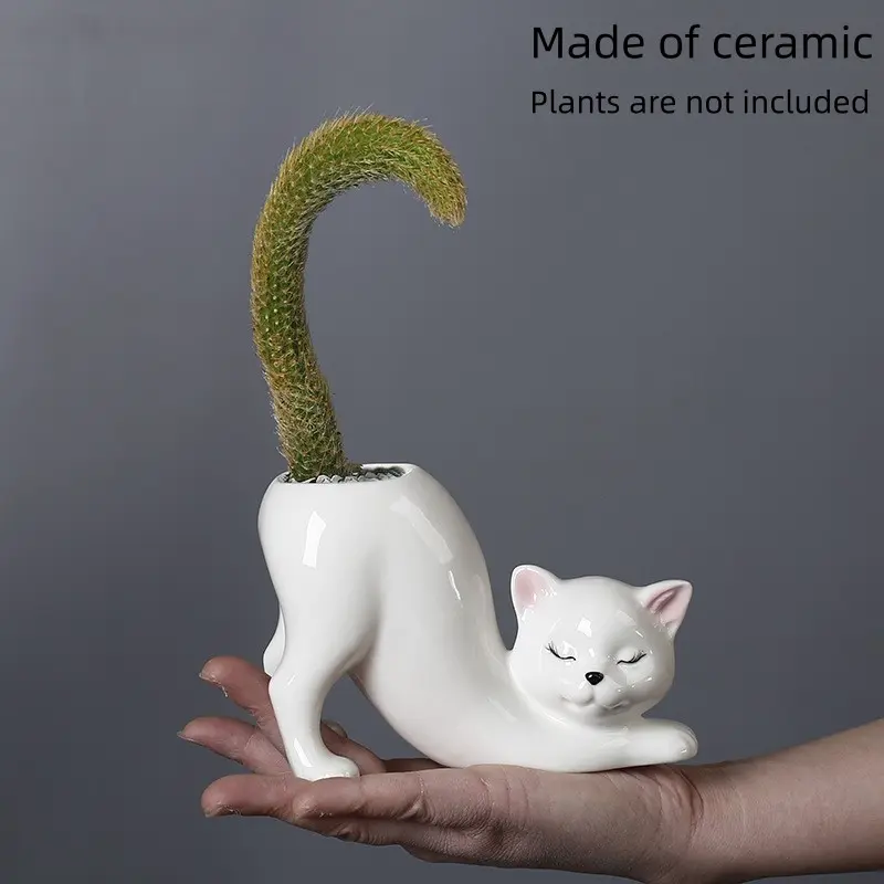 1PC Bohemian Cute Cat Ceramic Planter, Cartoon Animal Shaped Flower Pot with Premium Texture, Durable & Corrosion Resistant, Indoor Outdoor Use, Creative Home Desktop Garden Ornament for Succulents, Monkey Tail Cactus and Small Plants