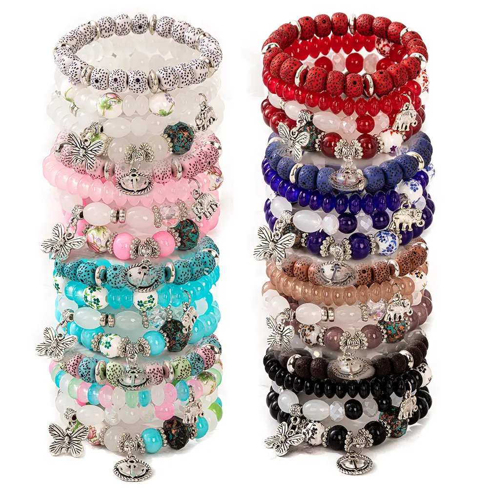 Women's Bohemian Layered Beaded Bracelet Set - 20pcs (5 Sets), Stretch Stackable Design with Butterfly Pendant, Multicolor Costume Jewelry for Beach Party, Daily Wear