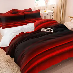 Modern Gradient Stripe Duvet Cover Set (No Core), Bold Red Black Abstract Print Bedding, Soft Breathable 1 Duvet Cover + 1/2 Pillowcases, All Season Bed Set for Teens, Adults & Minimalist Decor