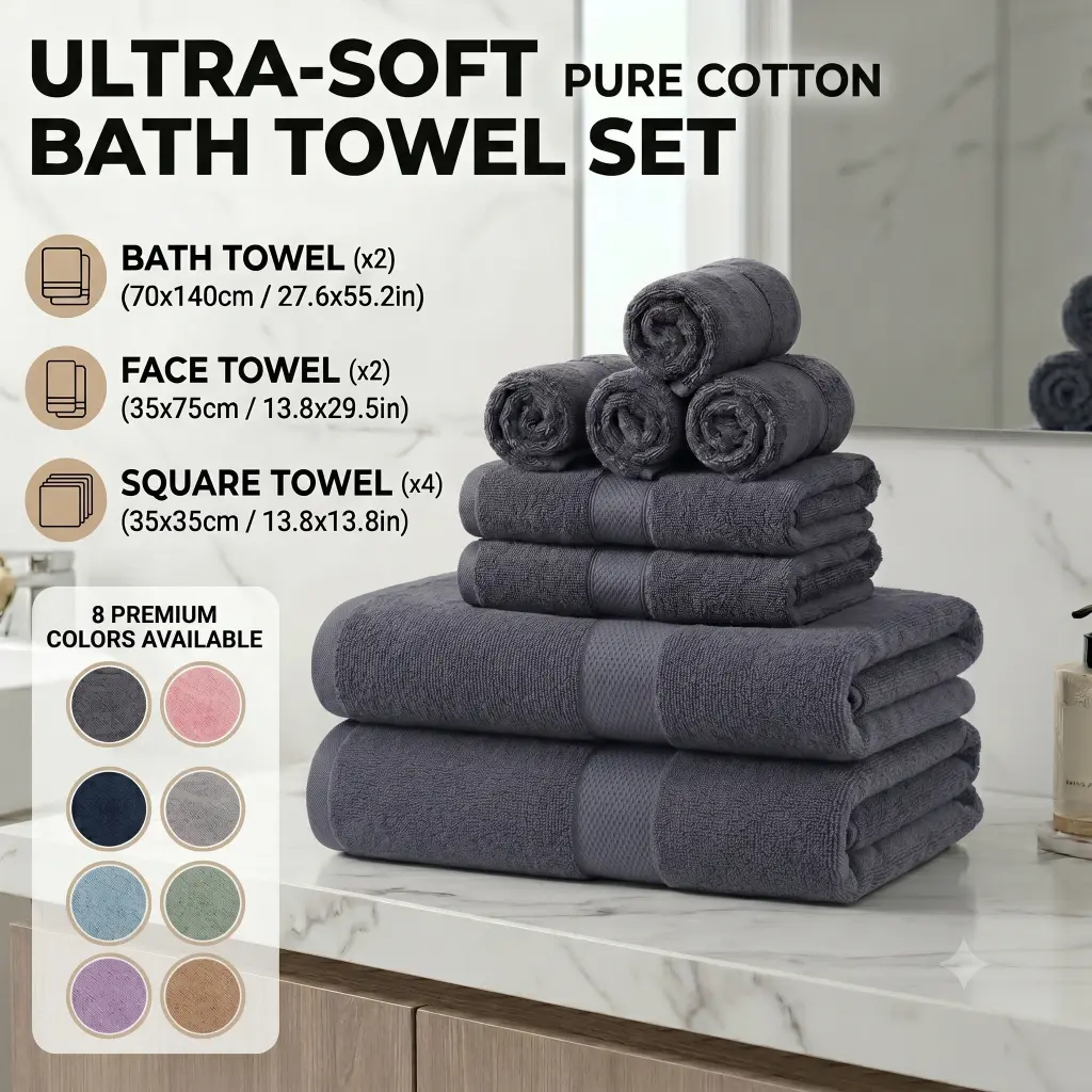 8-piece 100% cotton towel and bath towel set, ultra-absorbent and quick-drying bath towels with embossed craftsmanship. Soft, skin-friendly towels with a plush feel, multi-purpose for bathroom, home use, hotels, spas, sports, camping, and gym use.