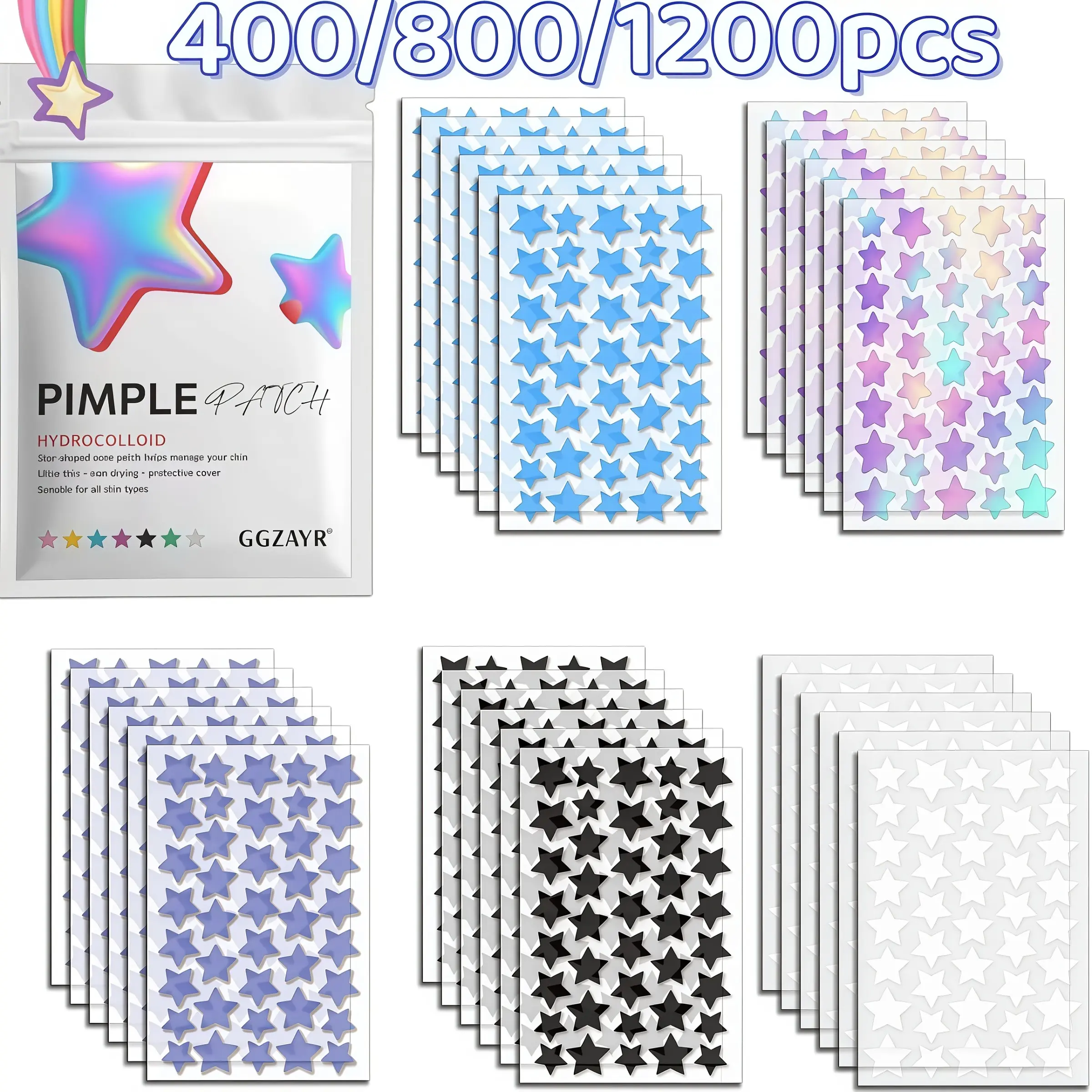 400/800/1200pcs 5-Color Star Pimple Patch Set, Cute Multi-Color Face Cover Stickers, Mixed Size Hydrocolloid Spot Patches, Thin Beauty Dots for Day & Night Use, Acne Spot Stickers