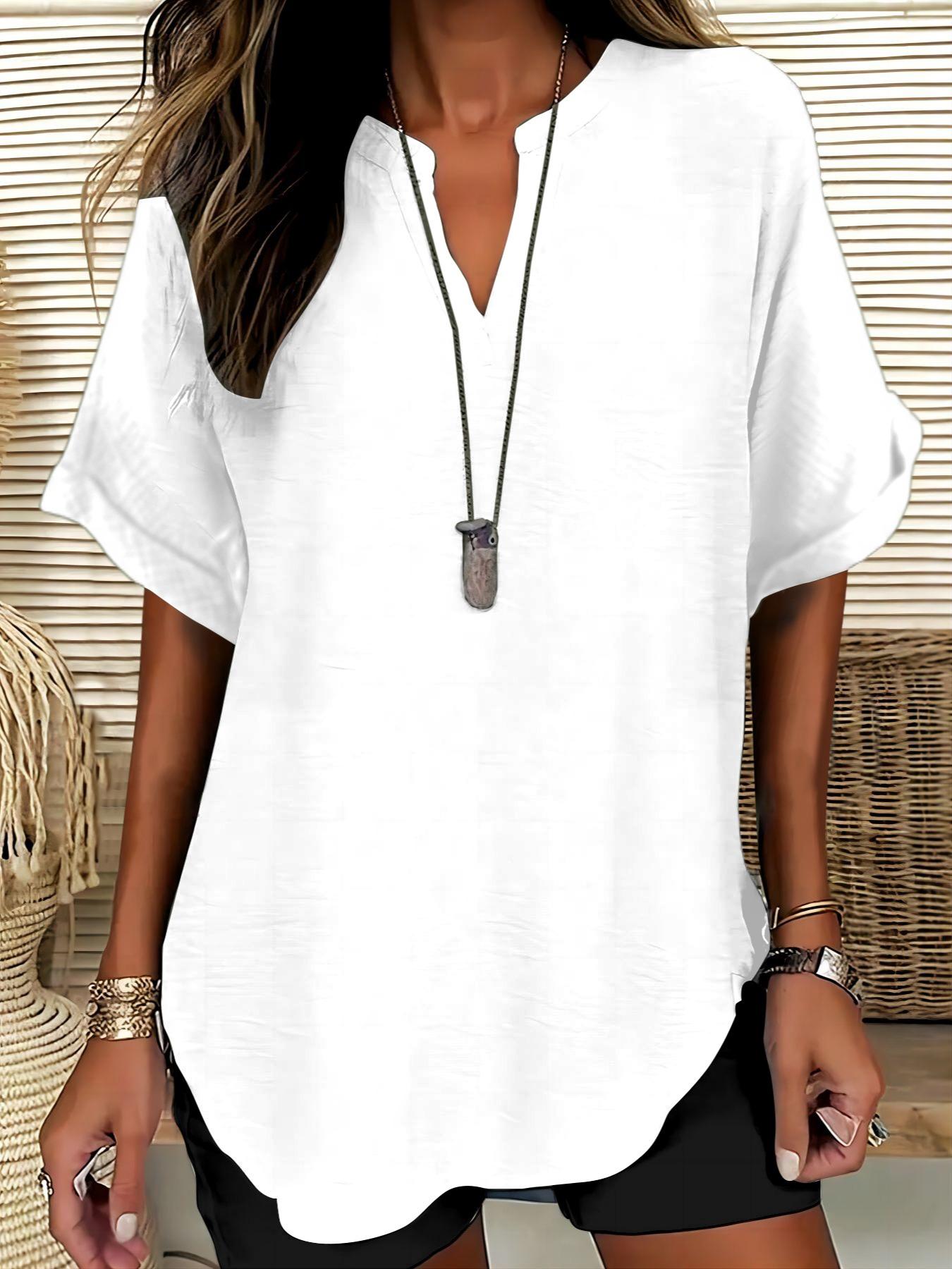 Elegant Polyester V Neck Loose Fit Short Sleeve Blouse Shirt for Women, 100% Polyester, Regular Length, 145g/m², Casual Weekend Top Womenswear Elegant Polyester V Neck Loose Fit Short Sleeve Blouse Shirt for Women, 100% Polyester, Regular Length, 145g/m², Casual Weekend Top Womenswear