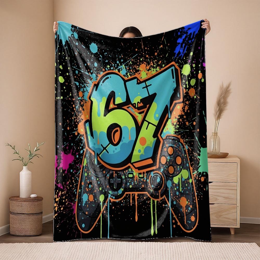 2D Flat Printing 1pc  Brightly colored graffiti-style handle with numbers 67 Pattern Printed  Blanket Flannel Fleece All Season Light Weight Living Room/Bedroom Warm Blanket