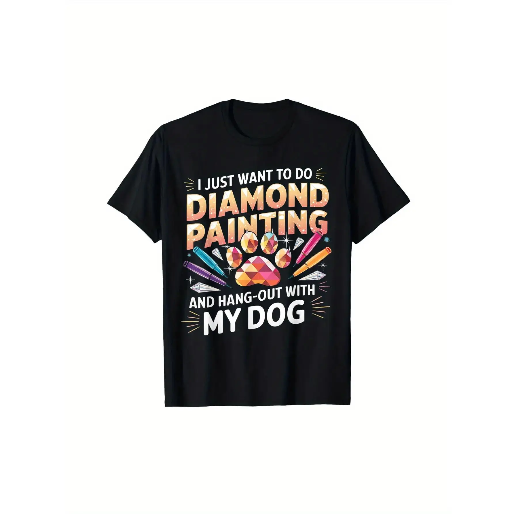 Unisex Graphic T-Shirt, "Diamond Painting & Dog" Casual Crew Neck Tee in Smooth Cotton Knit Fabric, Seamless Short Sleeve Top, Round Neck, Casual Wear