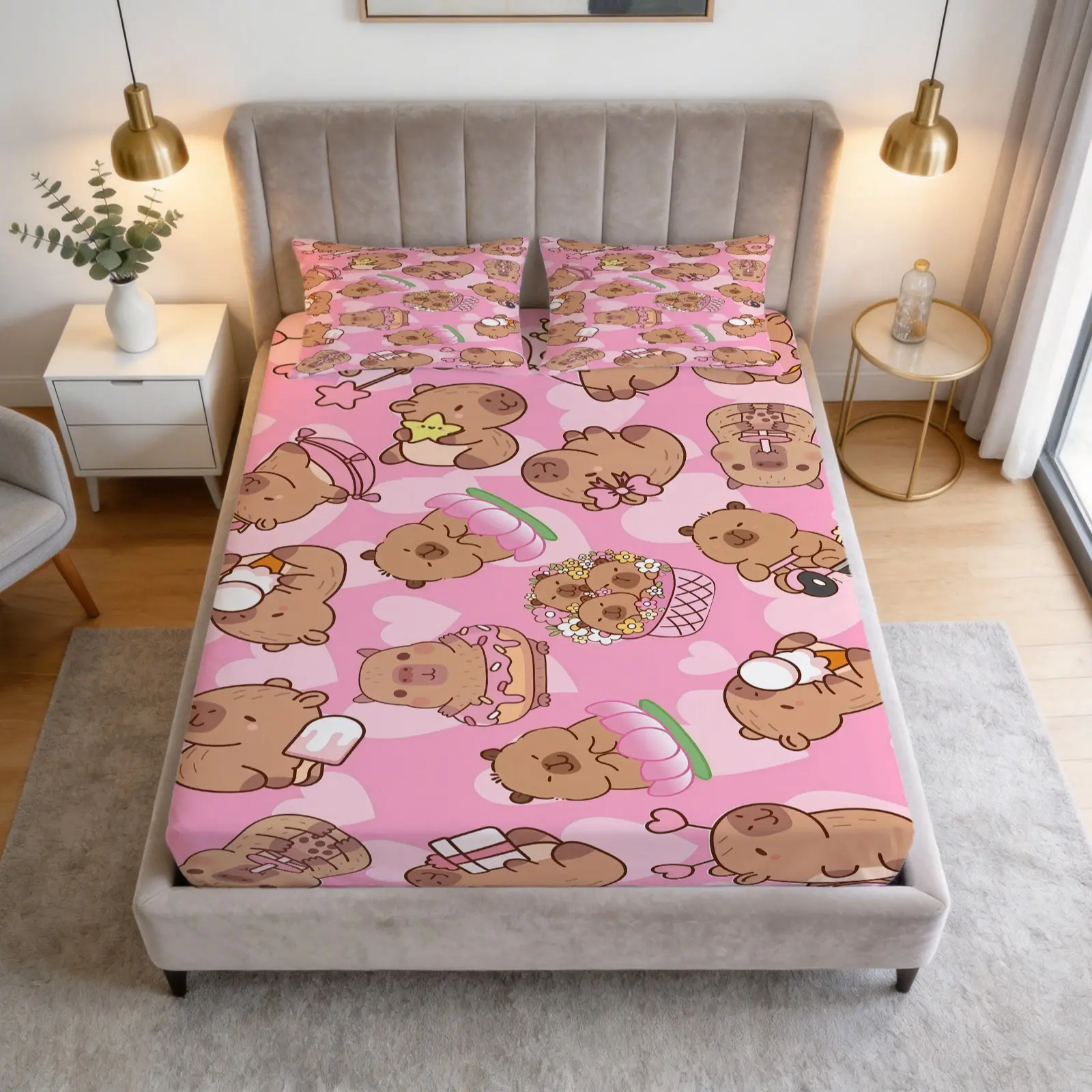 3-Piece Capybara Patterned Bed Sheet With Comfortable Printed Pattern, Including 1 Bed Sheet And 2 Pillowcases, Comfortable Bedding, Anti Slip Dust Cover Suitable For Bedrooms, Suitable As a Gift