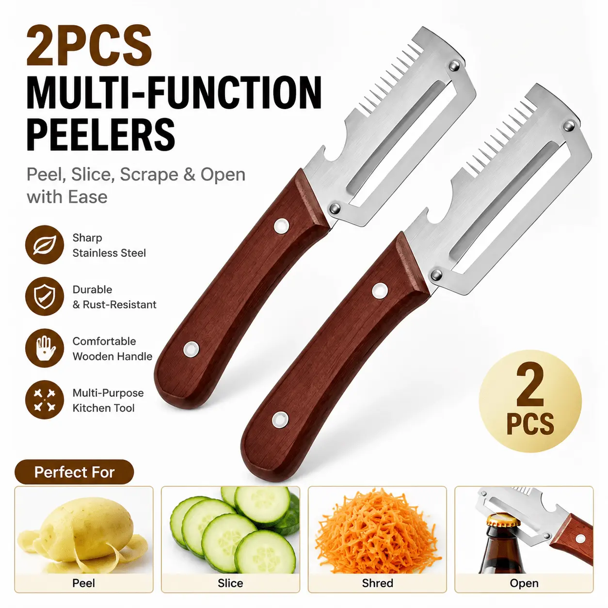 2pcs Stainless Steel Multi-Function Bottle Openers with Wooden Handles – Durable peeler for sugarcane, fruits, and vegetables, and a lever-style bottle opener; a practical 3-in-1 kitchen tool for grating, peeling, and opening bottles