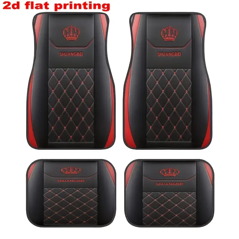 4-piece set suitable for all car models, red elegant crown pattern car floor mats, all-season vehicle floor mats with non-slip base, easy-to-clean car interior accessories