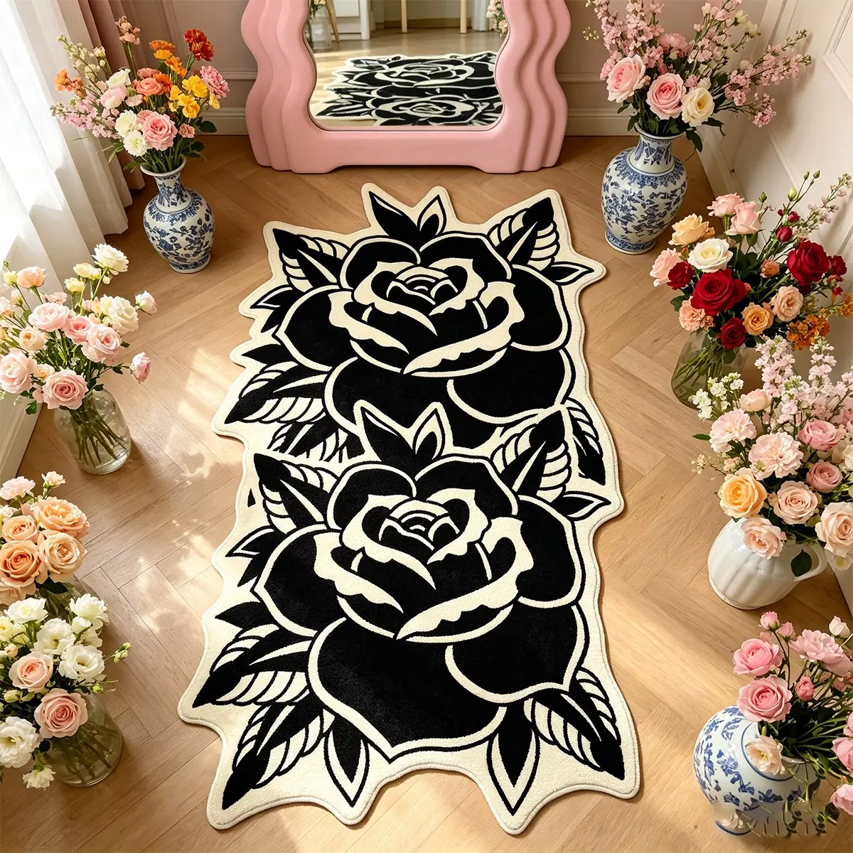 Vintage Rose Rug, American Retro Style Bedroom Bedside Mat, Halloween Gift, Home Decor Carpet for Living Room Corridor Entrance, Flower Rug