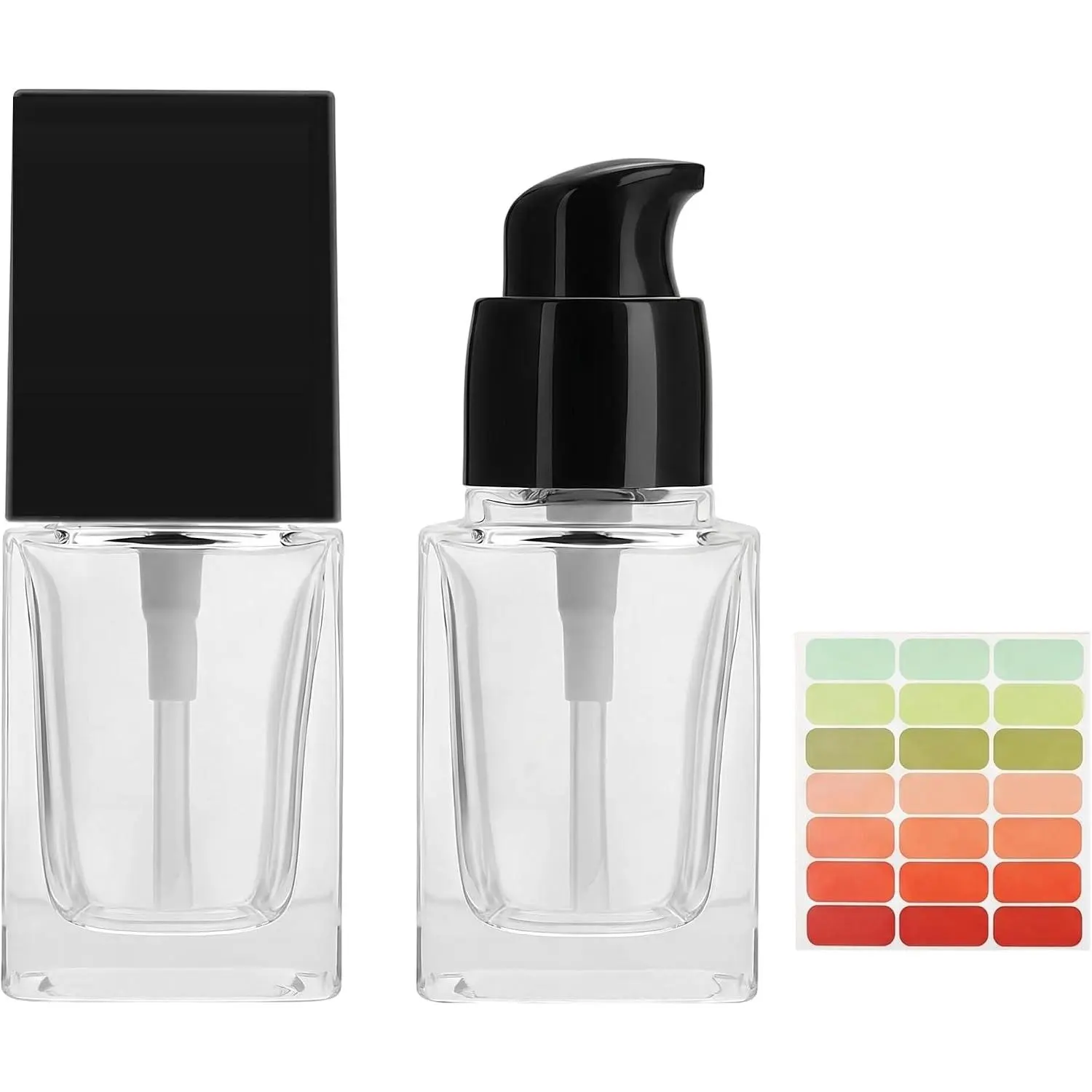 2 count 0.5oz Clear Glass Travel Foundation Pump Bottles with Stickers | High transparency glass , threaded sealing mouth, dust-proof square cap,  color labels, fits liquid