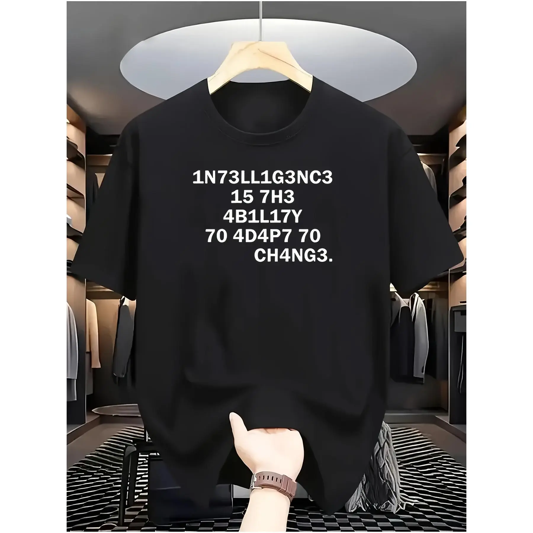 Round Neck Short Sleeve T-Shirt with Tech Code Style Numeric and Alphabet Substitution "Intelligence Is the Ability to Adapt to Change" Text Print Design