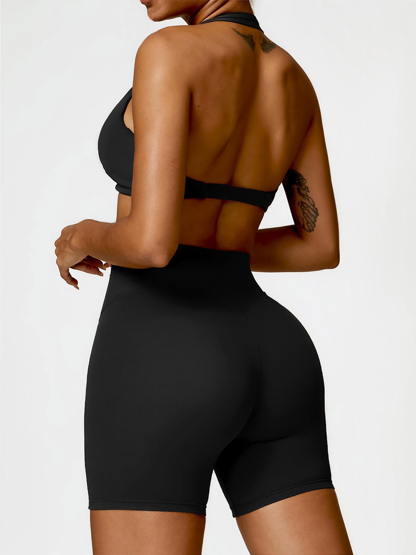 2 Counts Women's Solid Twist Ruched Backless Halter Crop Top & High Waist Short Leggings Tracksuit Set, Sporty Outfits Activewear Fitness for Yoga Gym Workout Running, Sports Quick Drying Set, Ladies Sportswear for All Seasons, Two Piece Sets Tracksuits
