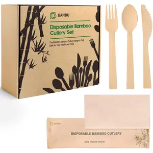 58 Pack Individually Wrapped 6.7 Inch Disposable Bamboo Cutlery Travel Set Compostable Biodegradable Fork Spoon Knife with Napkins