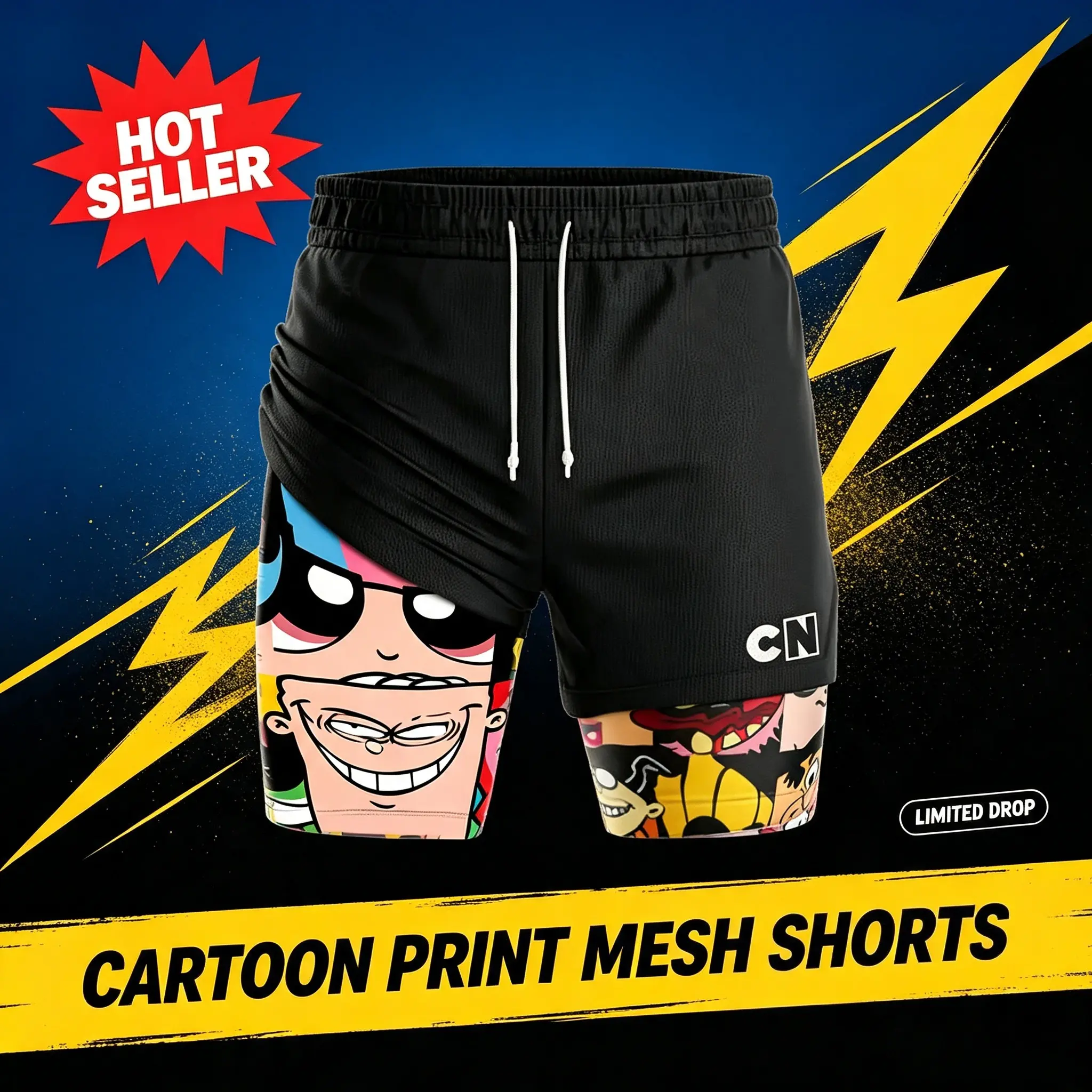 Men's Cartoon Network Character Print 2-in-1 Compression Liner Shorts, Breathable Mesh Quick-Dry Athletic Running Workout Shorts biker outfits beach pant