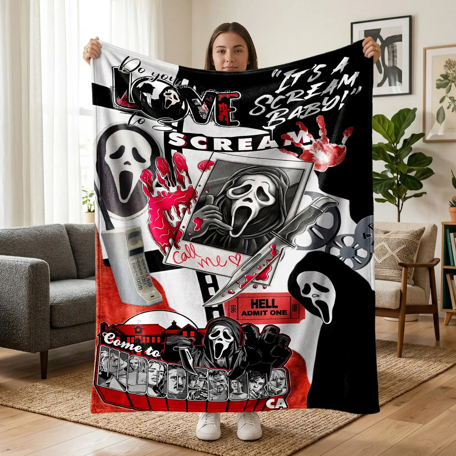 1pc Scream Ghostface Halloween Horror Fleece Blanket, Ghostface Killer, Bloody Handprints, Vintage Phone, Knife, Film Reels & Horror Lines Print, Retro Thriller Movie Style. Soft Multi-use Throw for Sofa, Bed, Office, Camping, Perfect Halloween Gift.