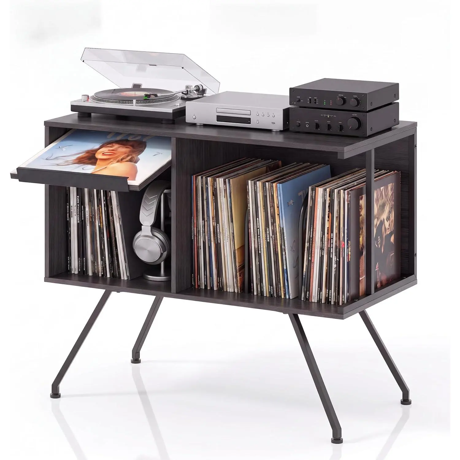 turn-Top Vinyl Record Player Stand & Storage Cabinet - Turntable Table with Album Organizer Shelf, Media Console for Living Room