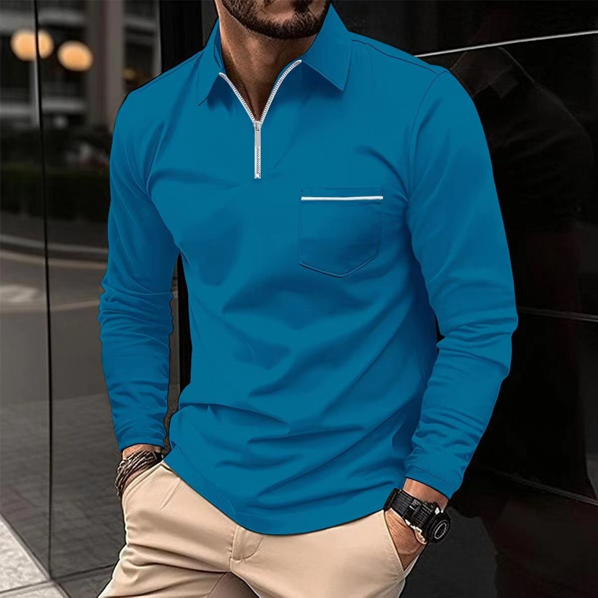 This men's solid color polo shirt with a zip-up collar and made of polyester-cotton blend is an ideal choice for casual wear in spring and summer.