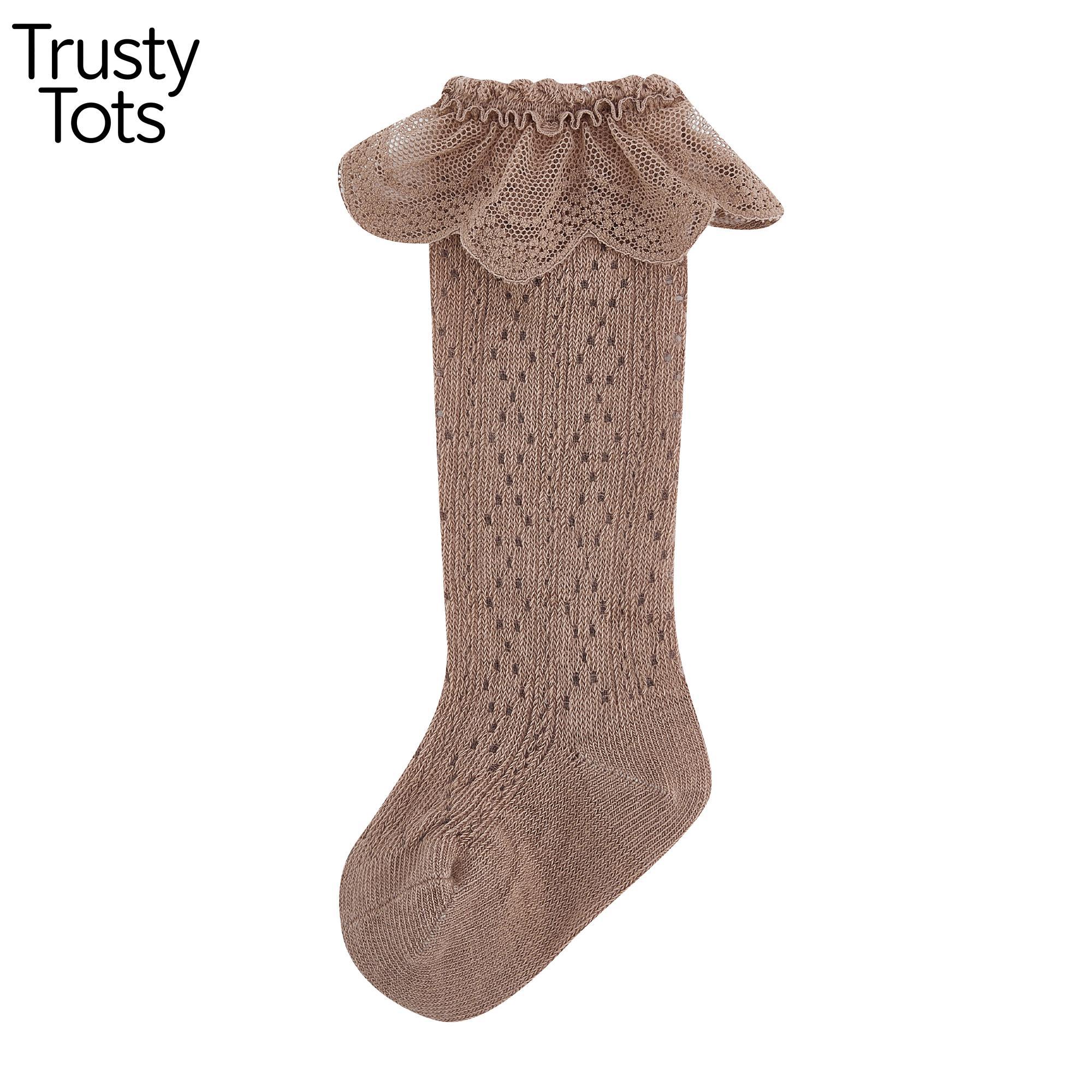Trusty Tots  Toddler Girls Knee High Socks Summer Breathable Knit Lace Ruffle Princess Socks for Party, Wedding, Photography Unisex Earth Tone Knit Baby Stocking / Tights Baby Leggings