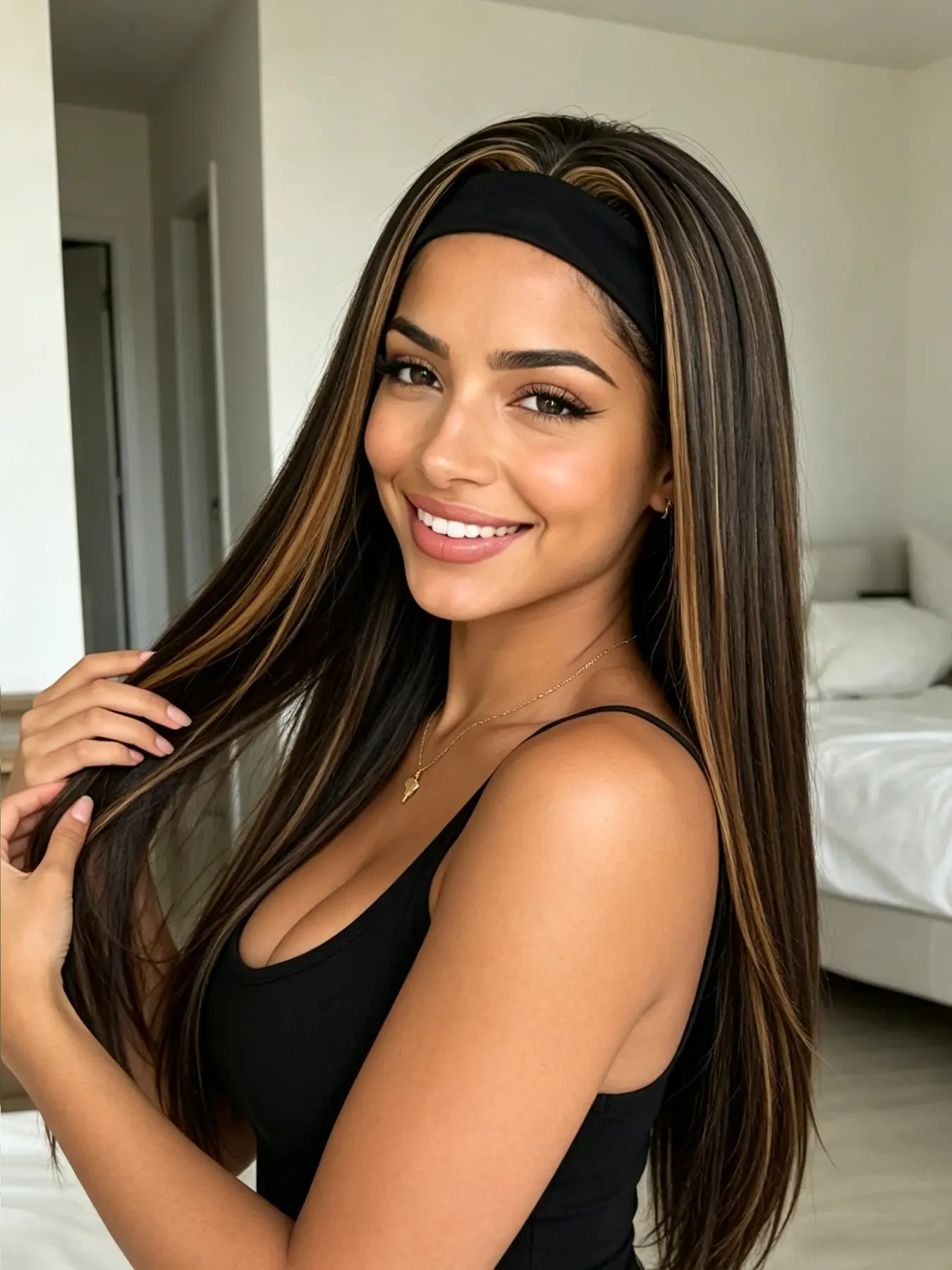 Highlight Headband Wig for Women Long Straight Headband Wig Premium Synthetic Headband Wigwith Headband  Natural Glueless None Lace Front Wigs with Headbands & Wig Caps Natural Look, Comfortable, Versatile, Stylish, Secure Fit Full Machine-Made Hair Acces