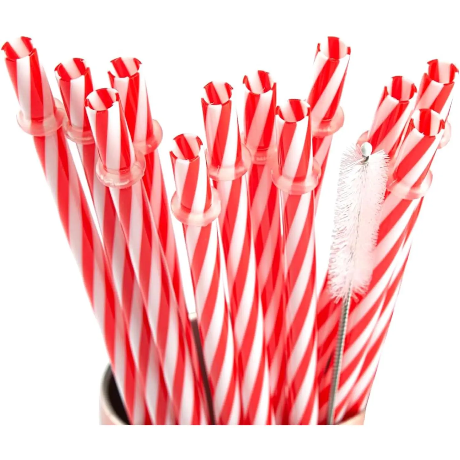 12 count Christmas  Plastic Straws Red and White Striped Straws with Cleaner Brush Xmas Drinking Straws with Rings for Christmas Wedding Party Supplies (10.5 inch)