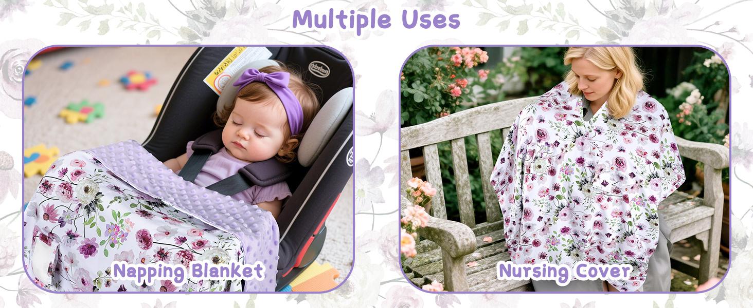 Baby Car Seat Cover, Soft Minky Warm Winter Car Seat Canopy for Infants & Toddlers, Opening with Adjustable Strap, Breathable Nursing Cover & Stroller Blanket, Purple Flowers (Fits Most Car Seats)