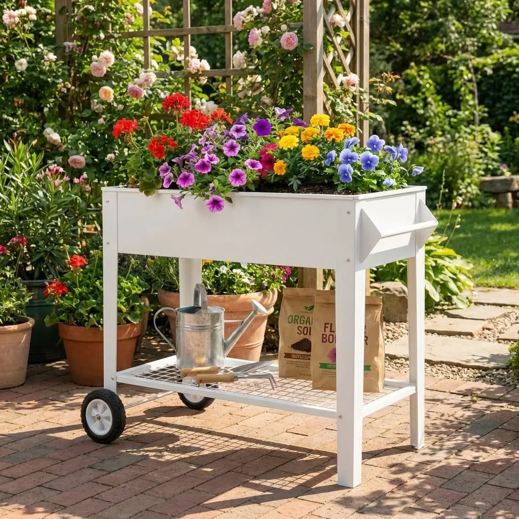 GARVEE 39" Elevated Outdoor Garden Bed on Wheels with Heavy-Duty Steel Frame Supporting 400 Lbs, Anti-Corrosion Planter Featuring Bottom Shelf, Perfect for Growing Vegetables and Herbs on Patio, Balcony, or Backyard