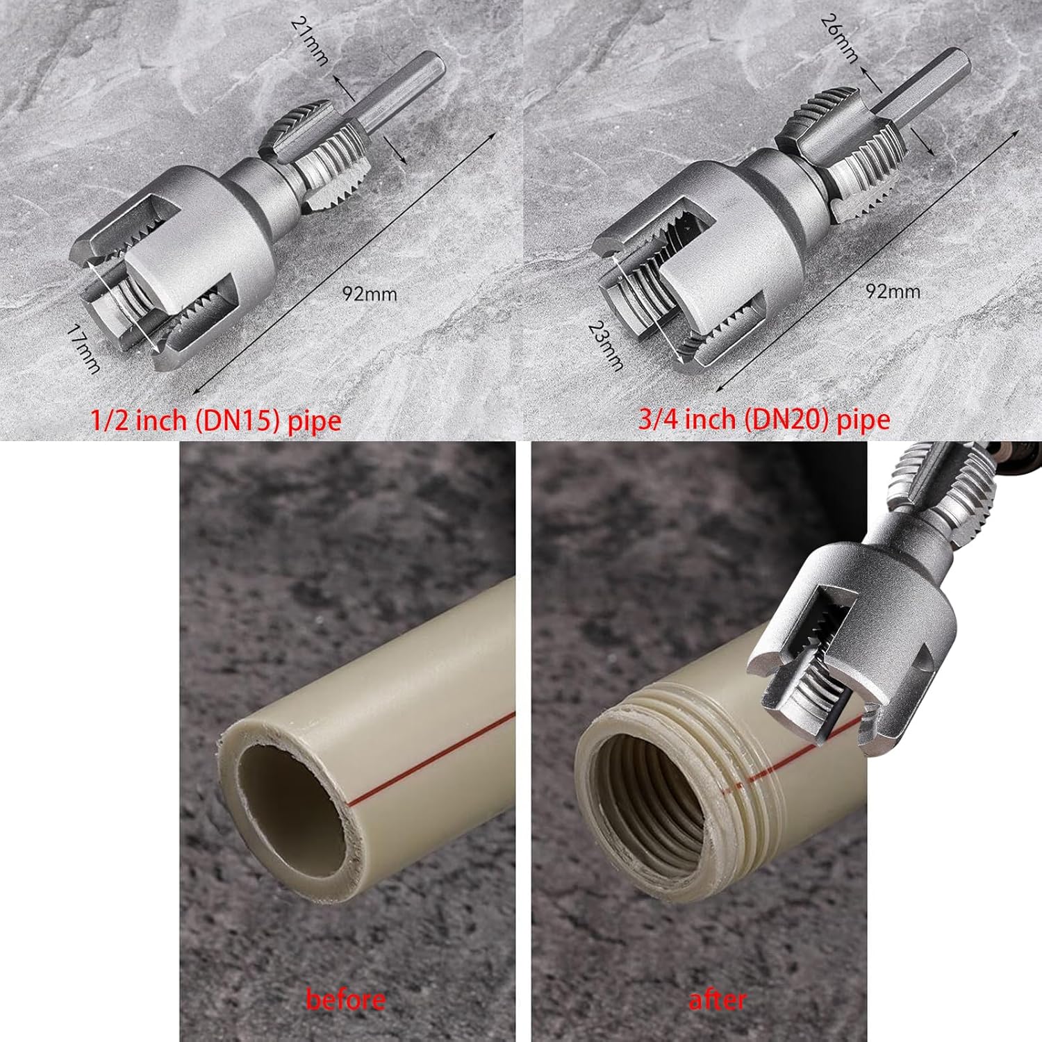 Integrated Internal & External Pipe Threading Tool, Pipe Thread Cutting Tool, Electric Drill Compatible PVC Pipe Threader Kit, 1/2" (DN15) 3/4" (DN20) Pipe Size (1/2" + 3/4")